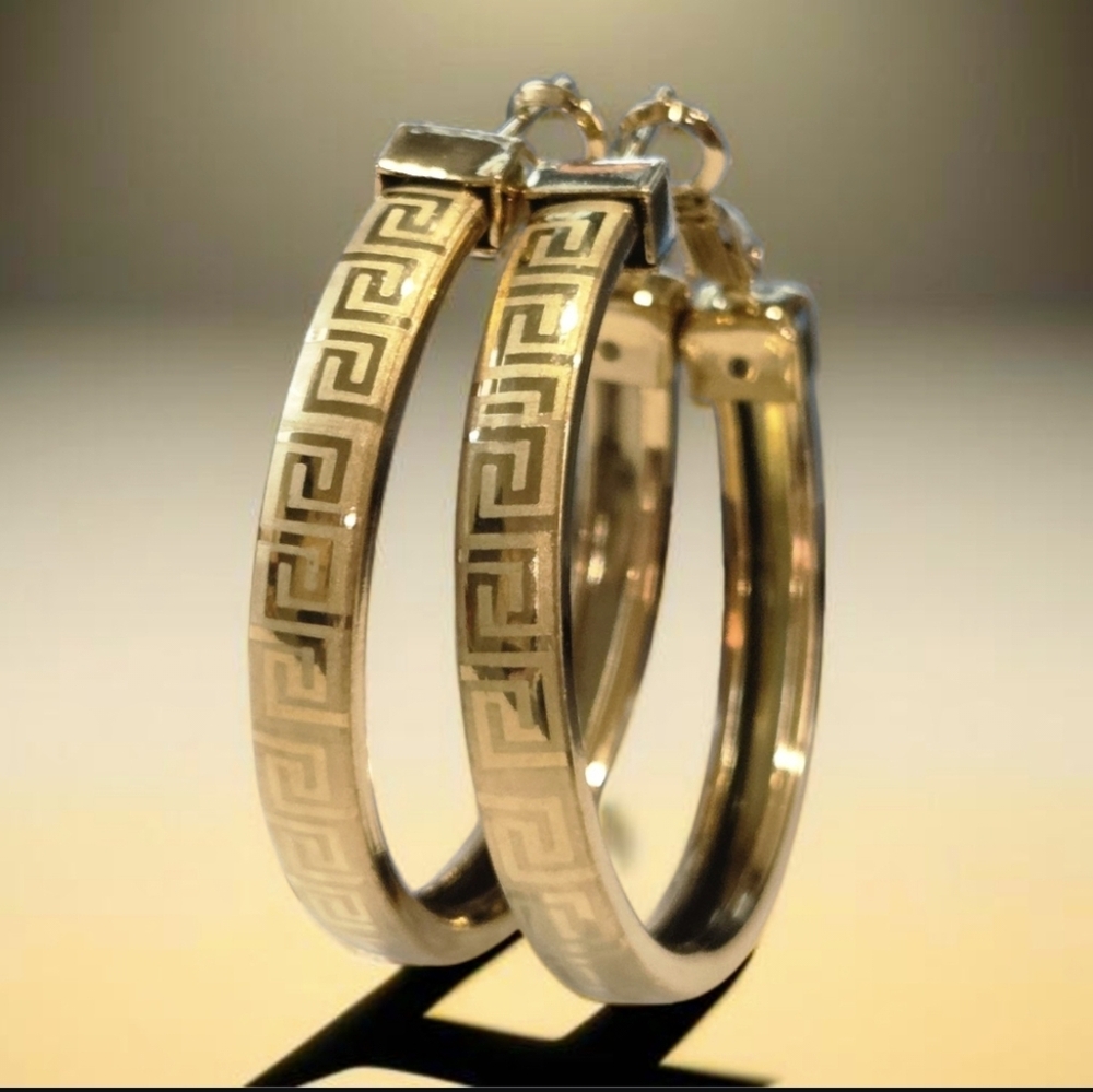 New 18k Gold Plated Luxury Greek Key Motif 1.5" Hoop Earrings